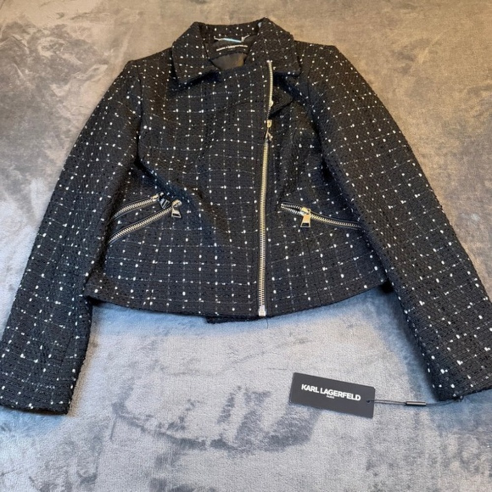 Karl Lagerfeld Paris Tweed Moto Jacket Womens Medium Black Karl Pins NWT